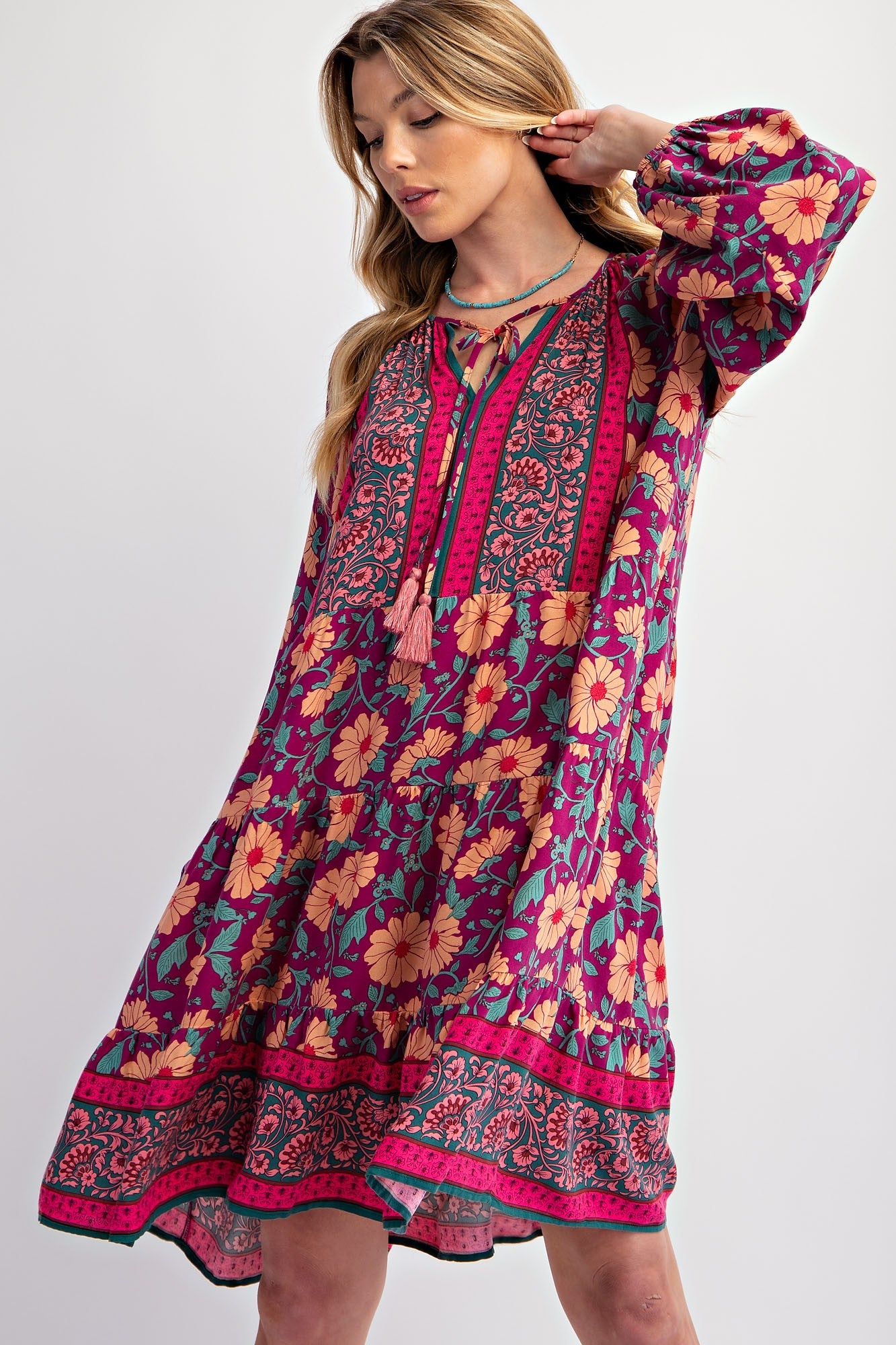 SALE Easel Border Printed Rayon Challis Dress