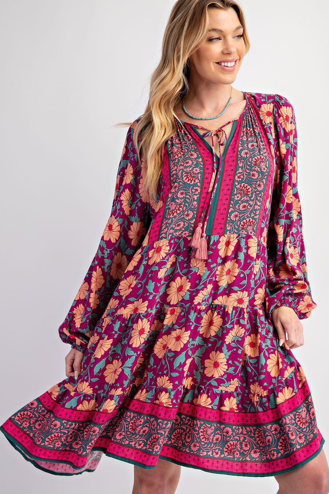 SALE Easel Border Printed Rayon Challis Dress