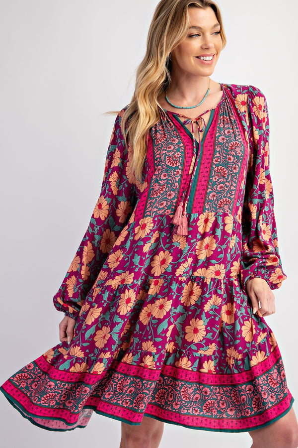 SALE Easel Border Printed Rayon Challis Dress