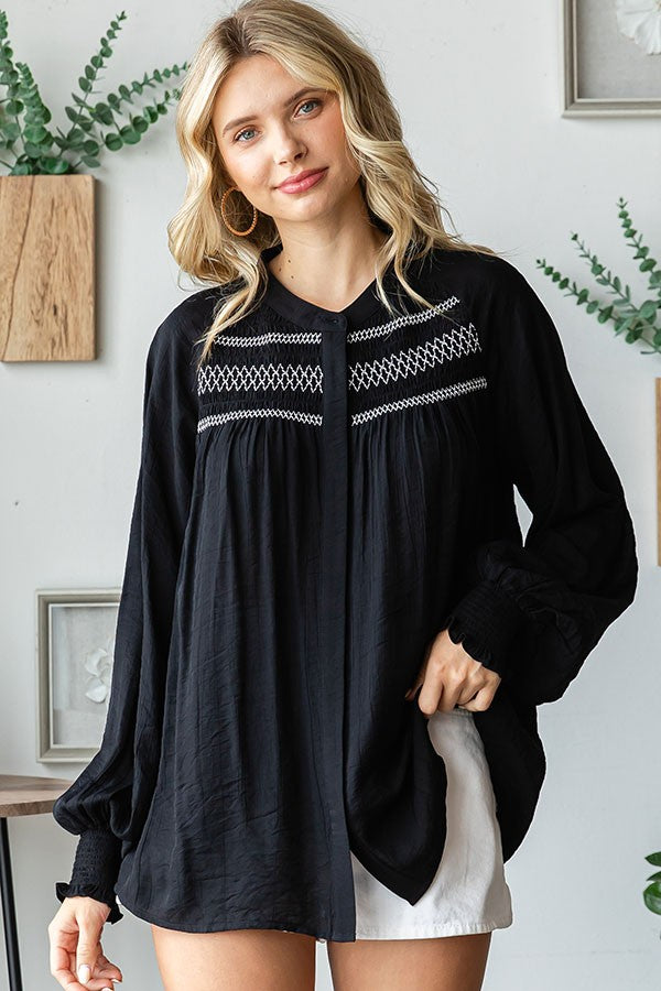 SALE First Love Embroidery Smocked Yoke Long Sleeve Blouse - Curvy