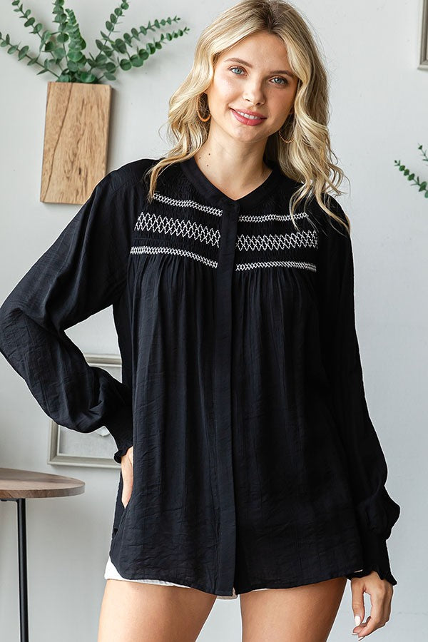 SALE First Love Embroidery Smocked Yoke Long Sleeve Blouse - Curvy