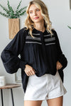 SALE First Love Embroidery Smocked Yoke Long Sleeve Blouse - Curvy
