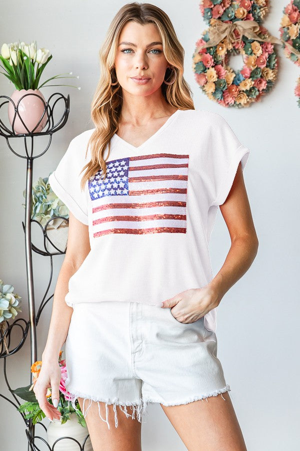 Short Sleeve Solid Top with Sequins Flag Patch