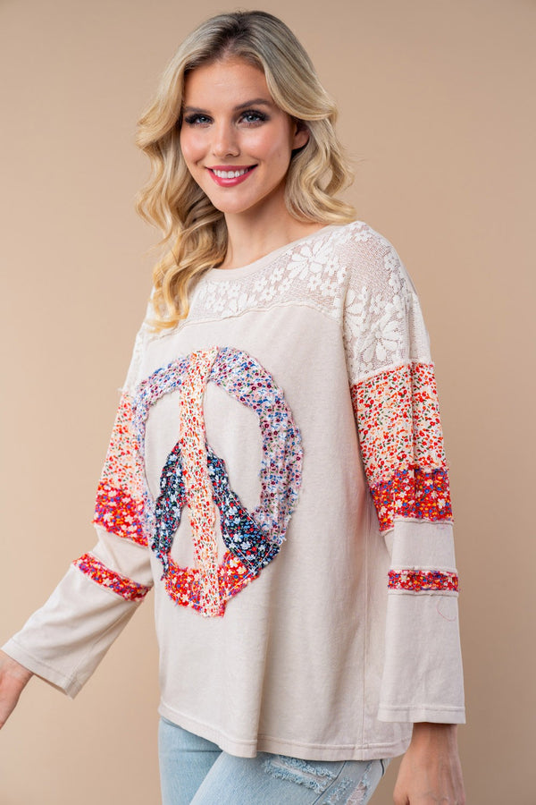 White Birch Long Sleeve Solid Woven Top - peace print - Curvy Size