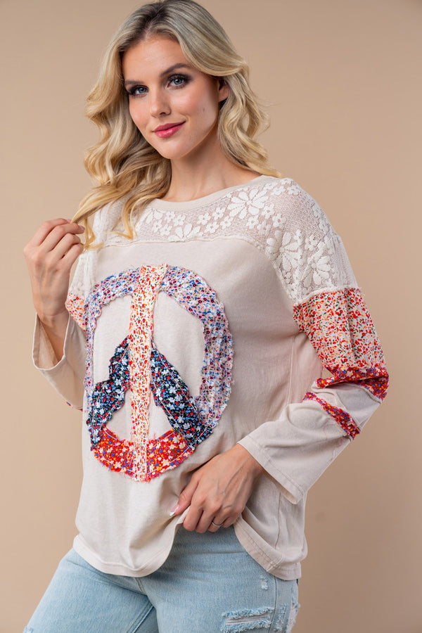 White Birch Long Sleeve Solid Woven Top - peace print - Curvy Size