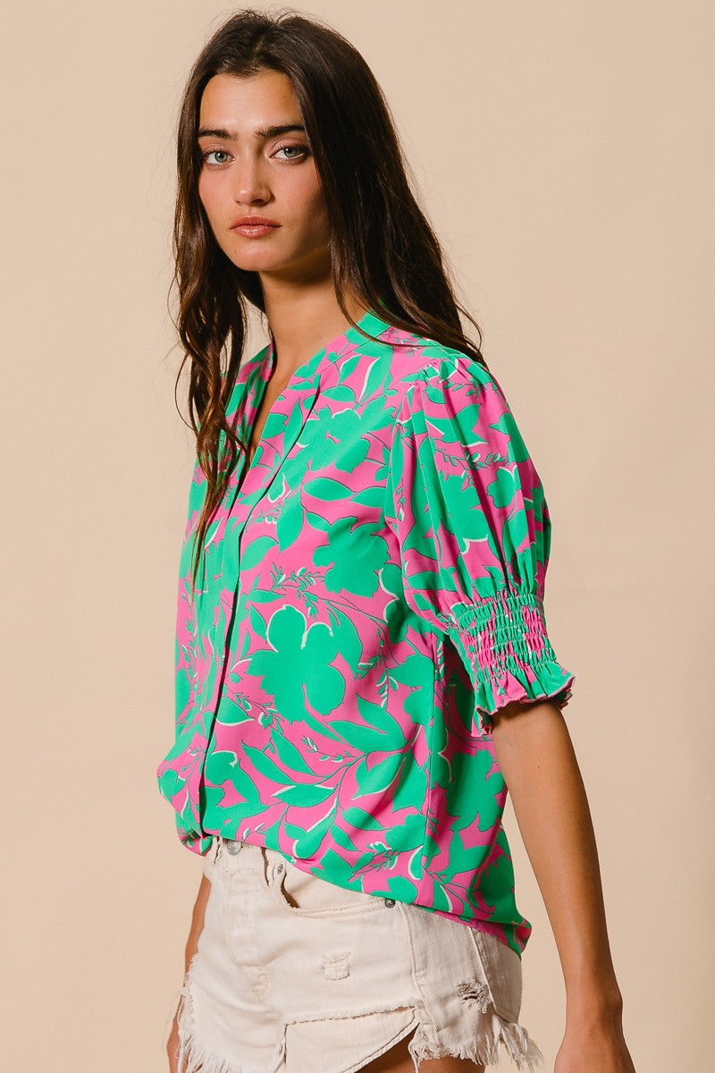 BIBI Smocked Cuff Puff Sleeve Floral Print Top