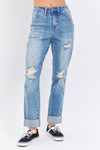Judy Blue HW Patch Pocket & Distressed Boyfriend Jean - Curvy Size