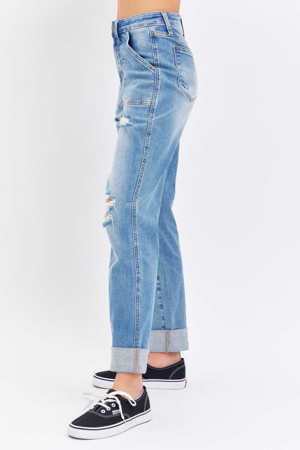 Judy Blue HW Patch Pocket & Distressed Boyfriend Jean - Curvy Size