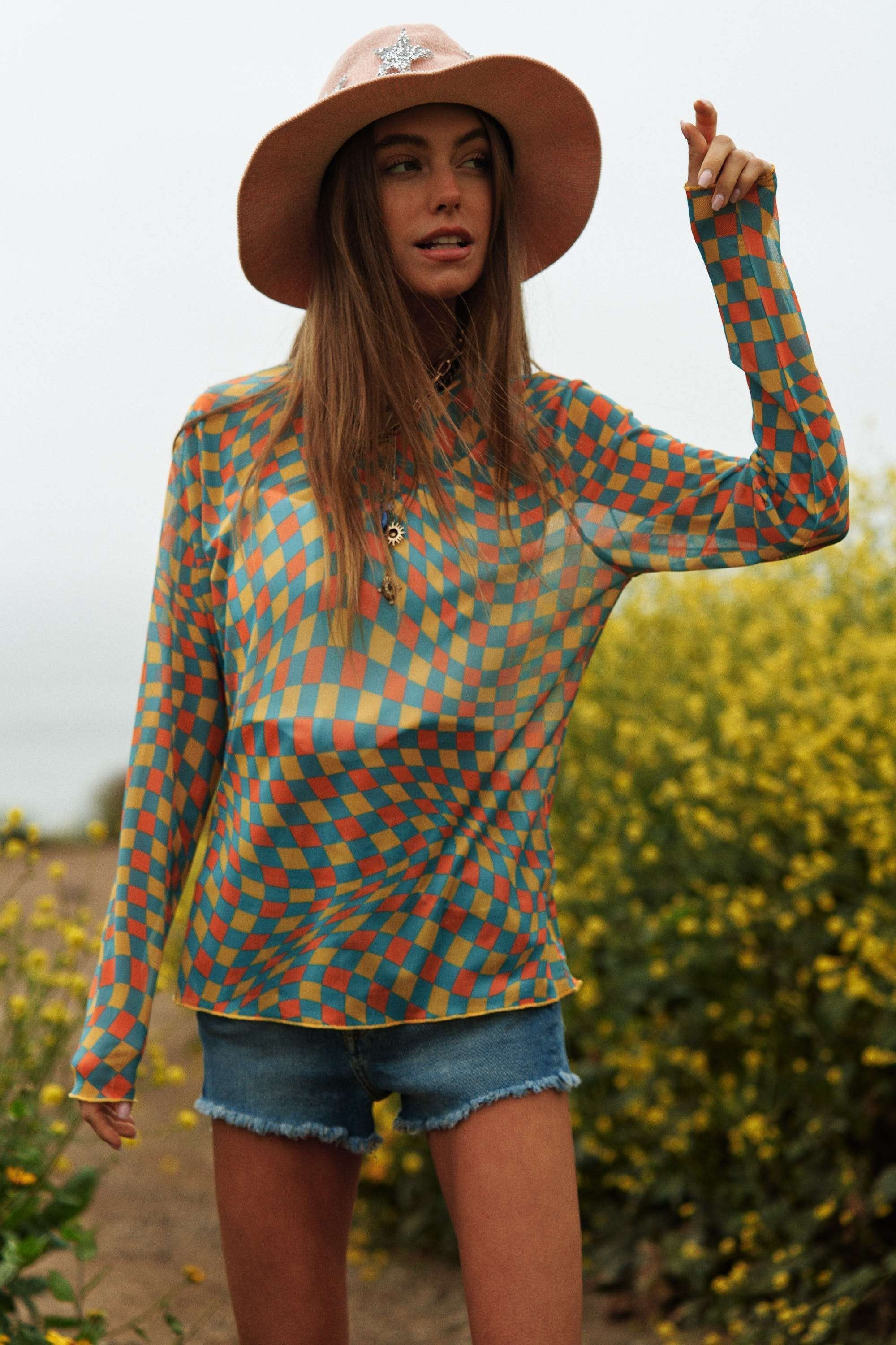 Checker Board Printed Mesh Long Sleeve Top - 4 Colors