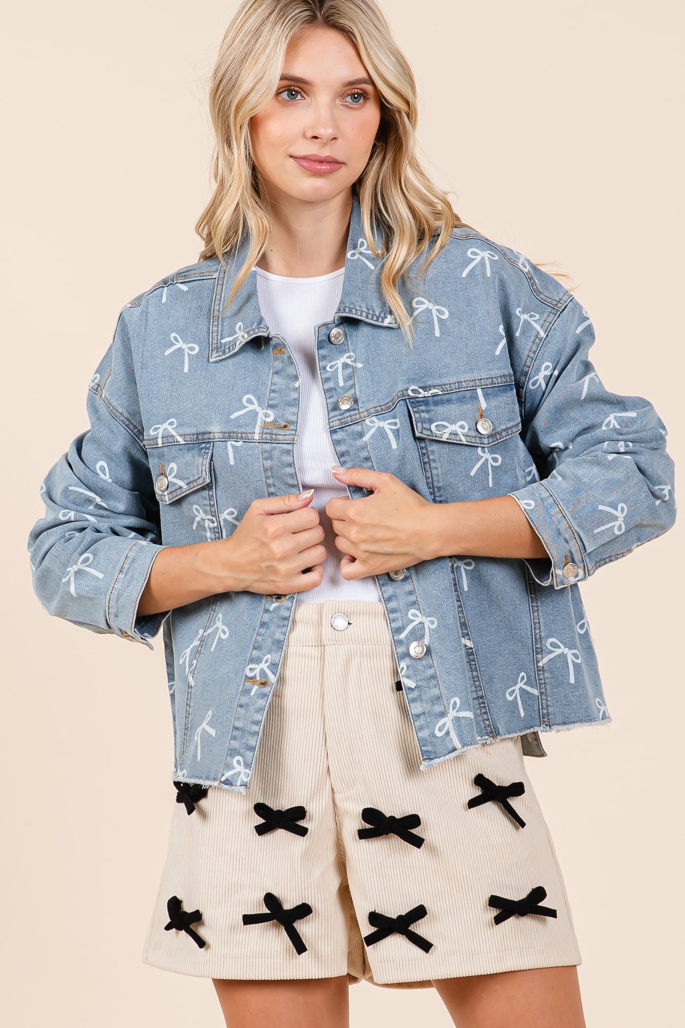 GeeGee Ribbon Print Denim Jacket