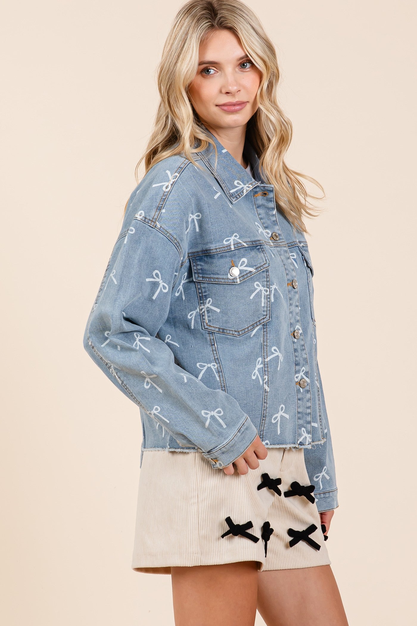 GeeGee Ribbon Print Denim Jacket