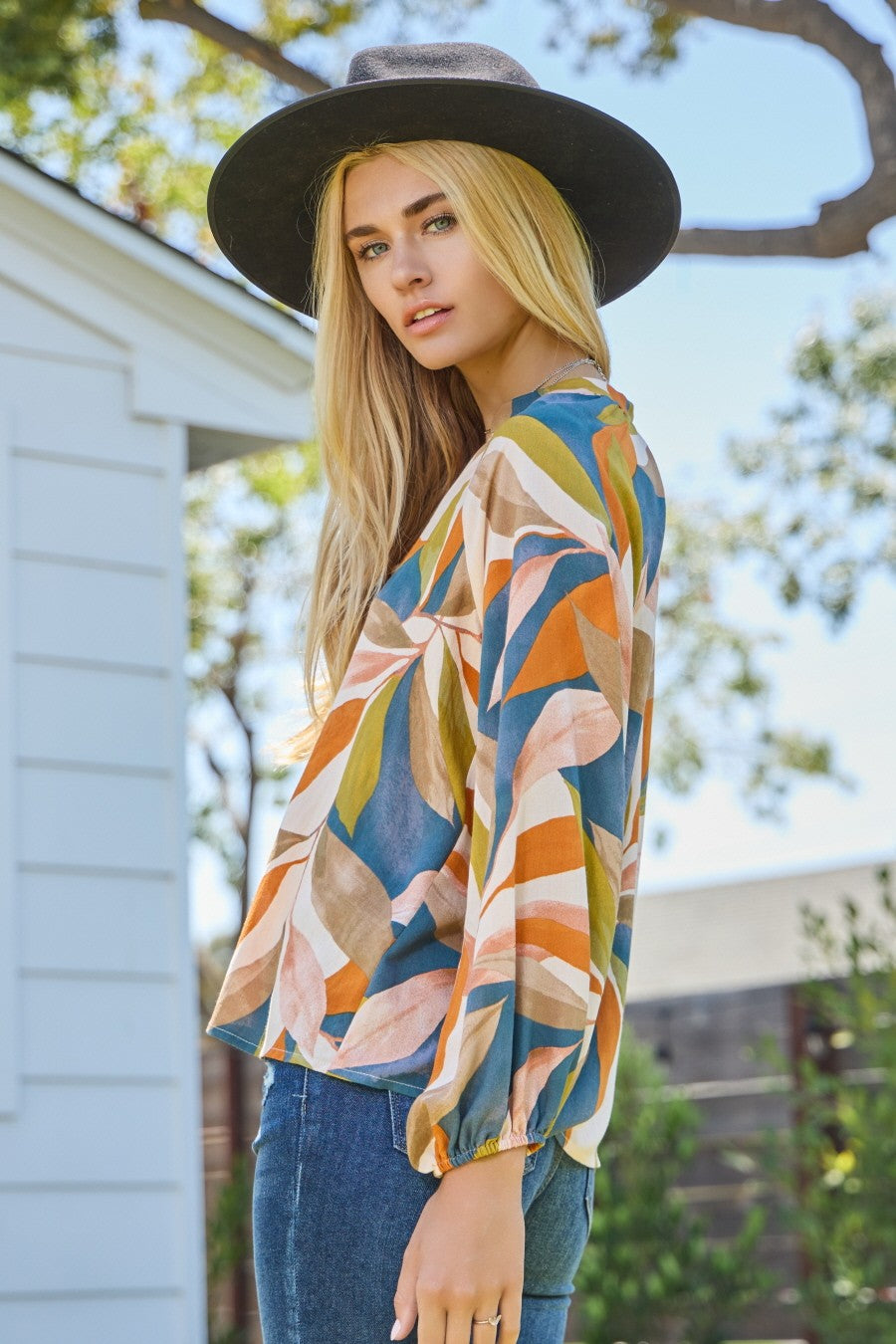 Oddi Leaf Printed Long Sleeve Blouse - Curvy Size