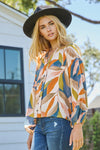 Oddi Leaf Printed Long Sleeve Blouse - Curvy Size