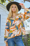 Oddi Leaf Printed Long Sleeve Blouse - Curvy Size