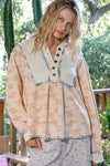 POL Balloon sleeve hooded plaid print knit top