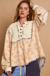 POL Balloon sleeve hooded plaid print knit top