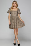 Square Neck Short Sleeve Bow Print Woven Dress