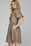 Square Neck Short Sleeve Bow Print Woven Dress