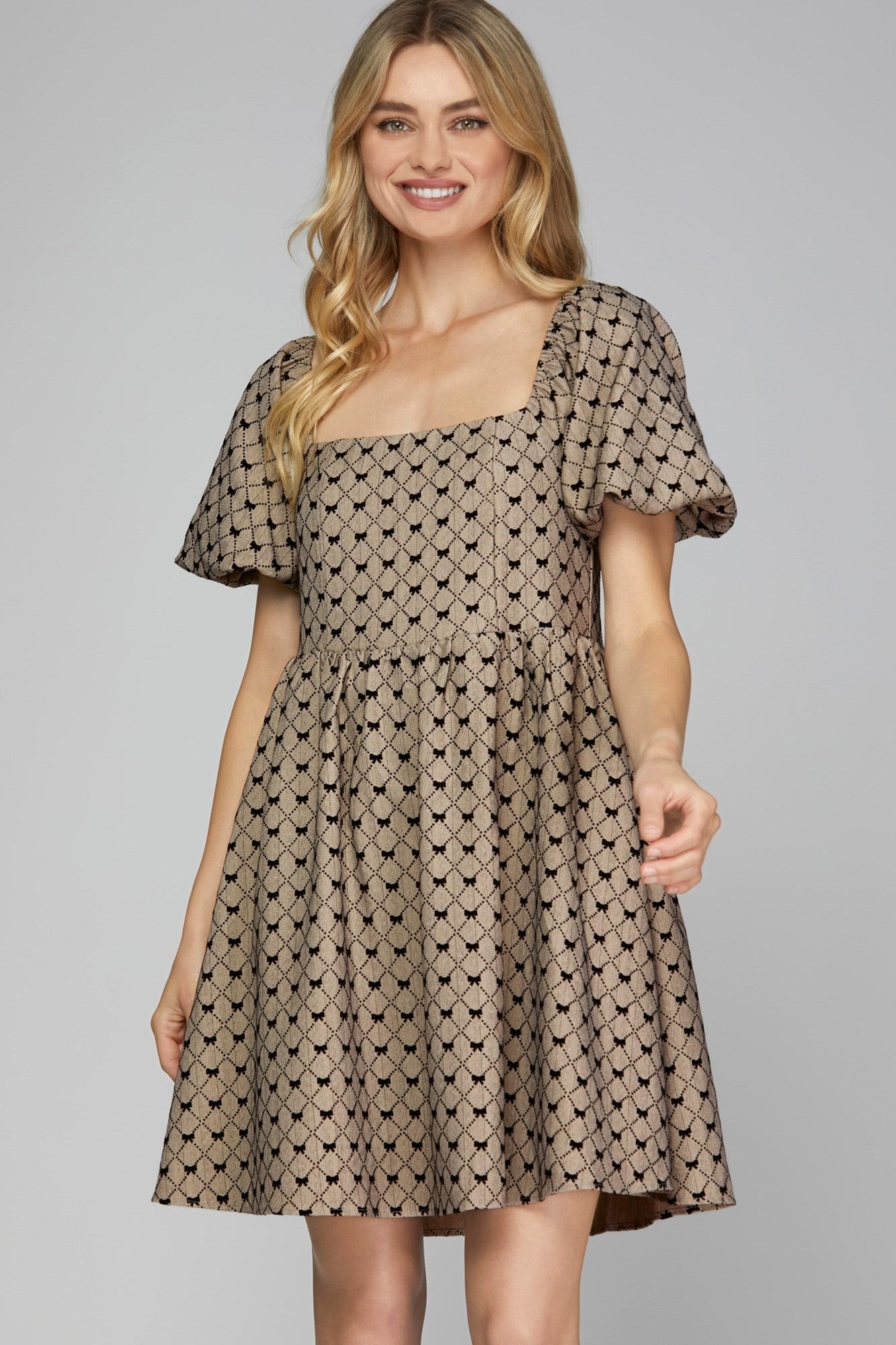 Square Neck Short Sleeve Bow Print Woven Dress