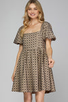 Square Neck Short Sleeve Bow Print Woven Dress