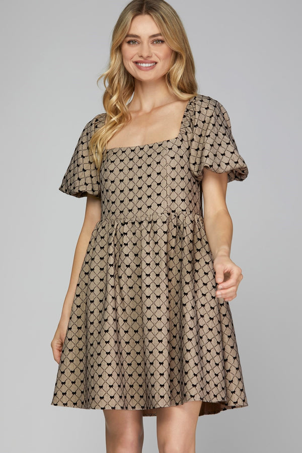 Square Neck Short Sleeve Bow Print Woven Dress