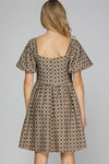 Square Neck Short Sleeve Bow Print Woven Dress