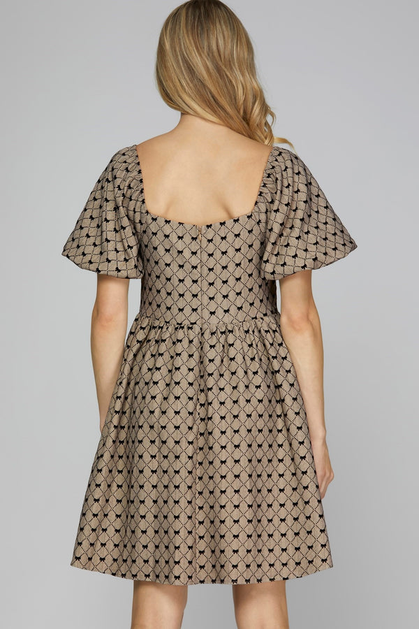 Square Neck Short Sleeve Bow Print Woven Dress