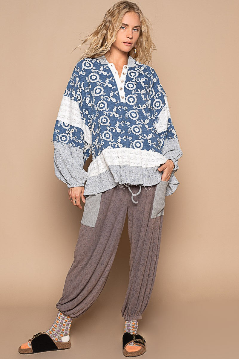 POL Vintage Washing Embroidered Floral Hoodie Top