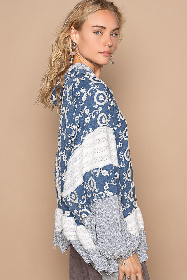 POL Vintage Washing Embroidered Floral Hoodie Top