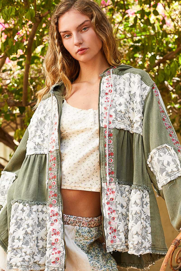 SALE POL Vintage washed embroidery lace patch zipper jacket