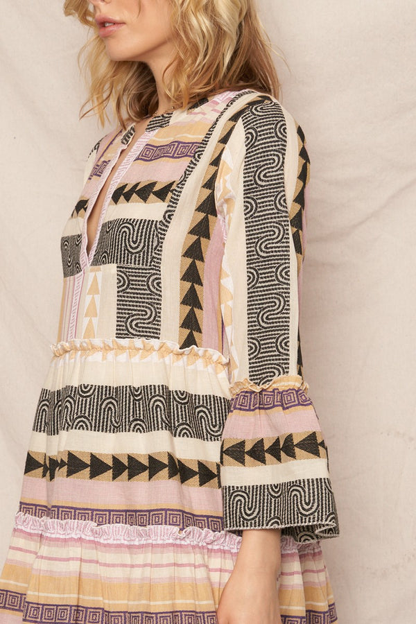 SALE En Creme 3/4 Sleeve V-neck Tiered Mini Dress