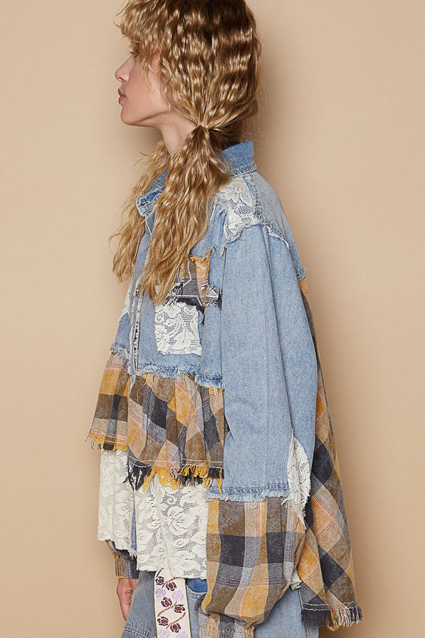 POL Vintage Washed Mixed Fabric Star Patches Jacket