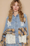 POL Vintage Washed Mixed Fabric Star Patches Jacket