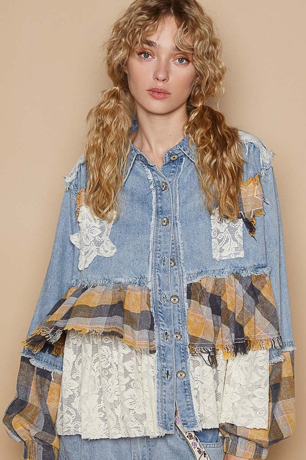 POL Vintage Washed Mixed Fabric Star Patches Jacket
