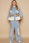 POL Vintage Washed Mixed Fabric Star Patches Jacket