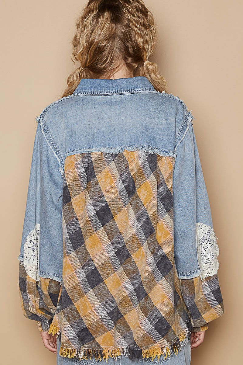 POL Vintage Washed Mixed Fabric Star Patches Jacket