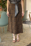 VOY Leopard Print Faux Leather Waist Tie Midi Skirt