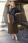 VOY Leopard Print Faux Leather Waist Tie Midi Skirt