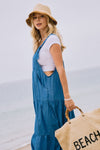 ODDI Washed Chambray overall tiered midi dress with pocket details