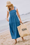 ODDI Washed Chambray overall tiered midi dress with pocket details