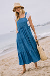 ODDI Washed Chambray overall tiered midi dress with pocket details