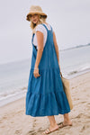 ODDI Washed Chambray overall tiered midi dress with pocket details