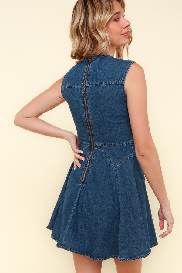 Kori Sleeveless Buttoned Fit and Flare Denim Mini Dress