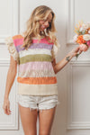 BIBI Pointelle Multi Color Striped Knit Top