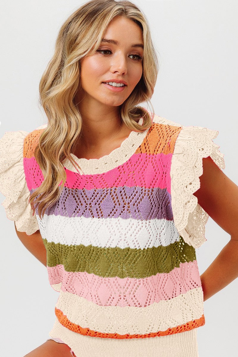 BIBI Pointelle Multi Color Striped Knit Top