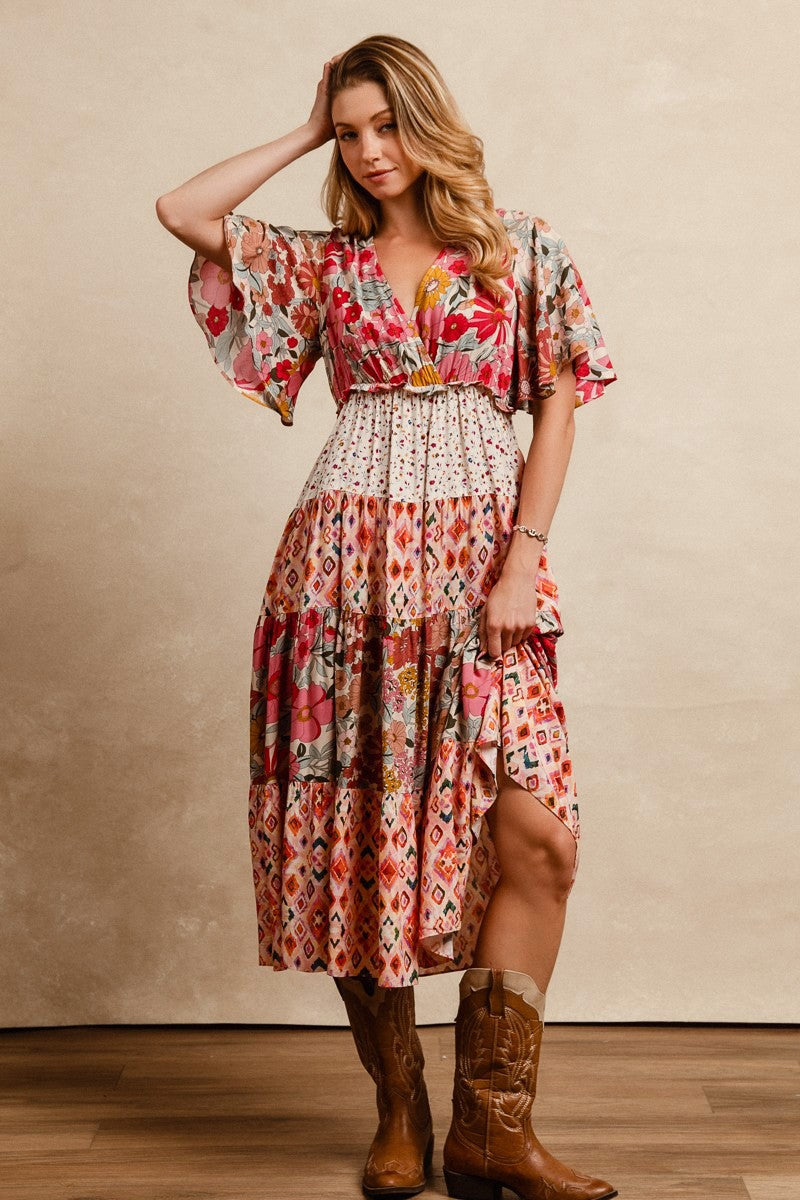 Floral Print Mix And Match Midi Dress With Waist E