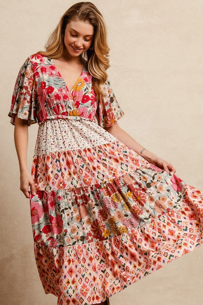Floral Print Mix And Match Midi Dress With Waist E