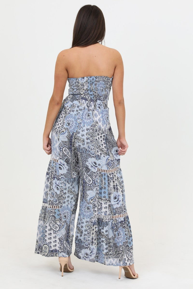 Angie Smocked Bodice Wide Leg Jumpsuit With Lace