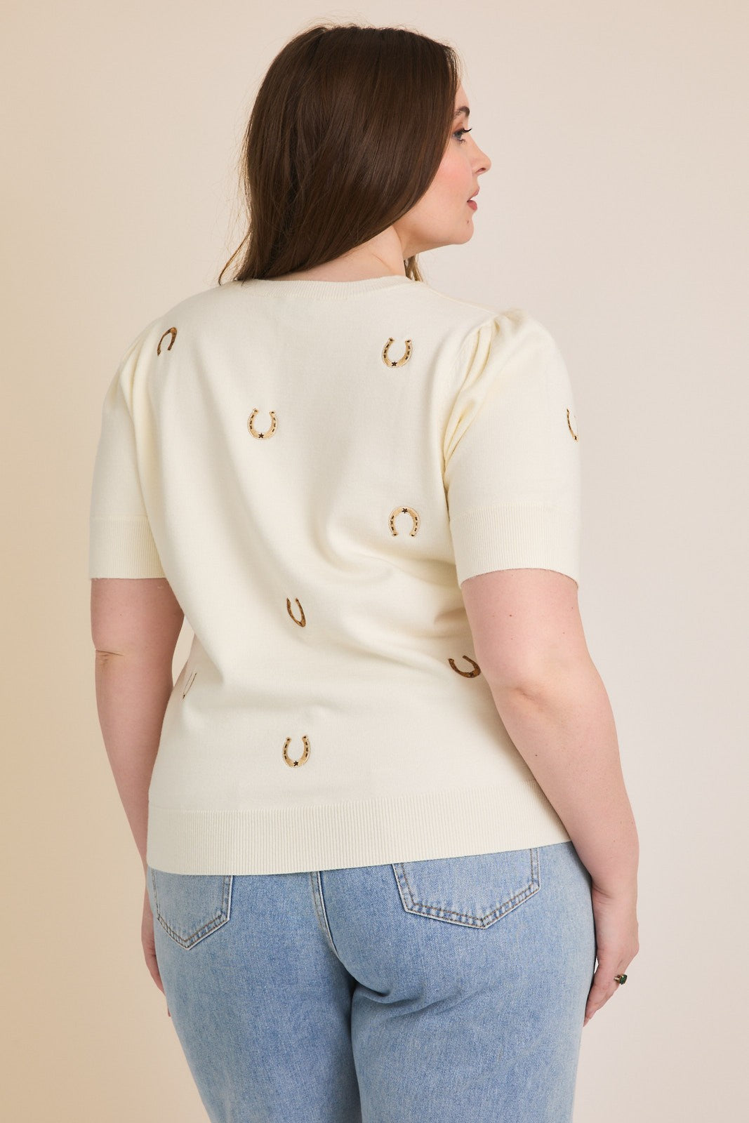Gilli Round Neck Puff Sleeve Embroidered Knit Top - Curvy Size