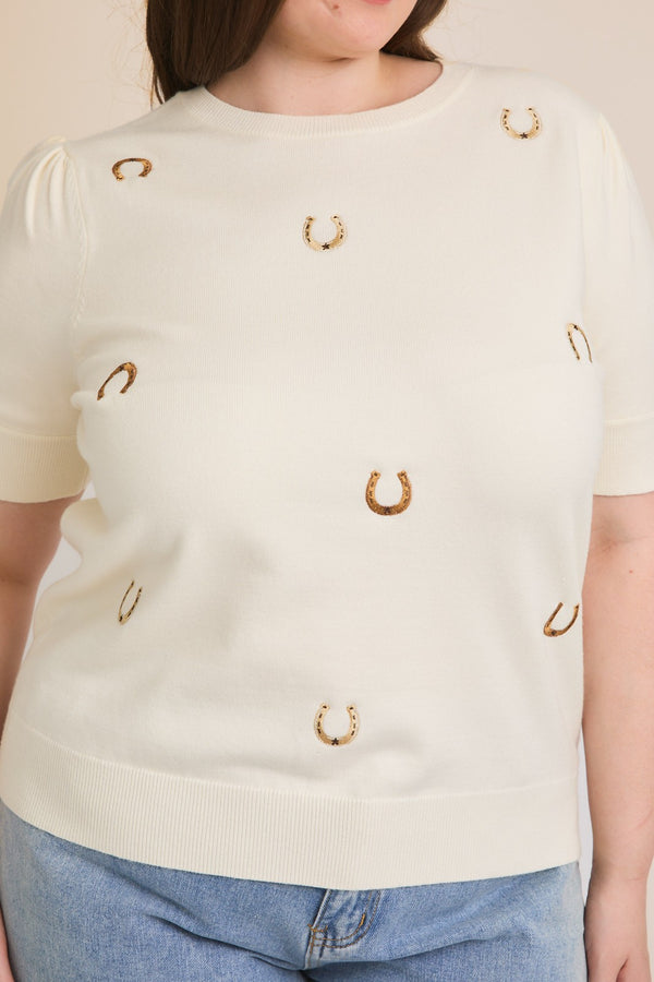 Gilli Round Neck Puff Sleeve Embroidered Knit Top - Curvy Size